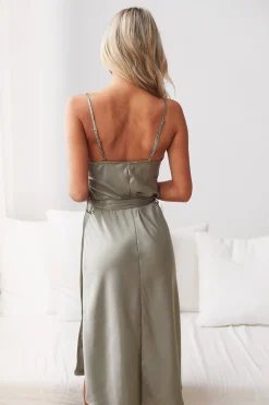Hot Jessica Dress - Khaki Satin Dresses|Curve Dresses