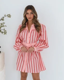 Josiane Dress - Pink Stripe Long Sleeve Dresses|Shirt Dresses