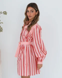 Josiane Dress - Pink Stripe Long Sleeve Dresses|Shirt Dresses