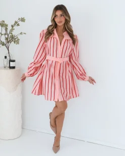 Josiane Dress - Pink Stripe Long Sleeve Dresses|Shirt Dresses