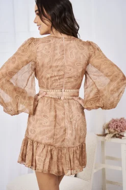 Online Kayley Dress - Tan Print Long Sleeve Dresses|Mini Dresses