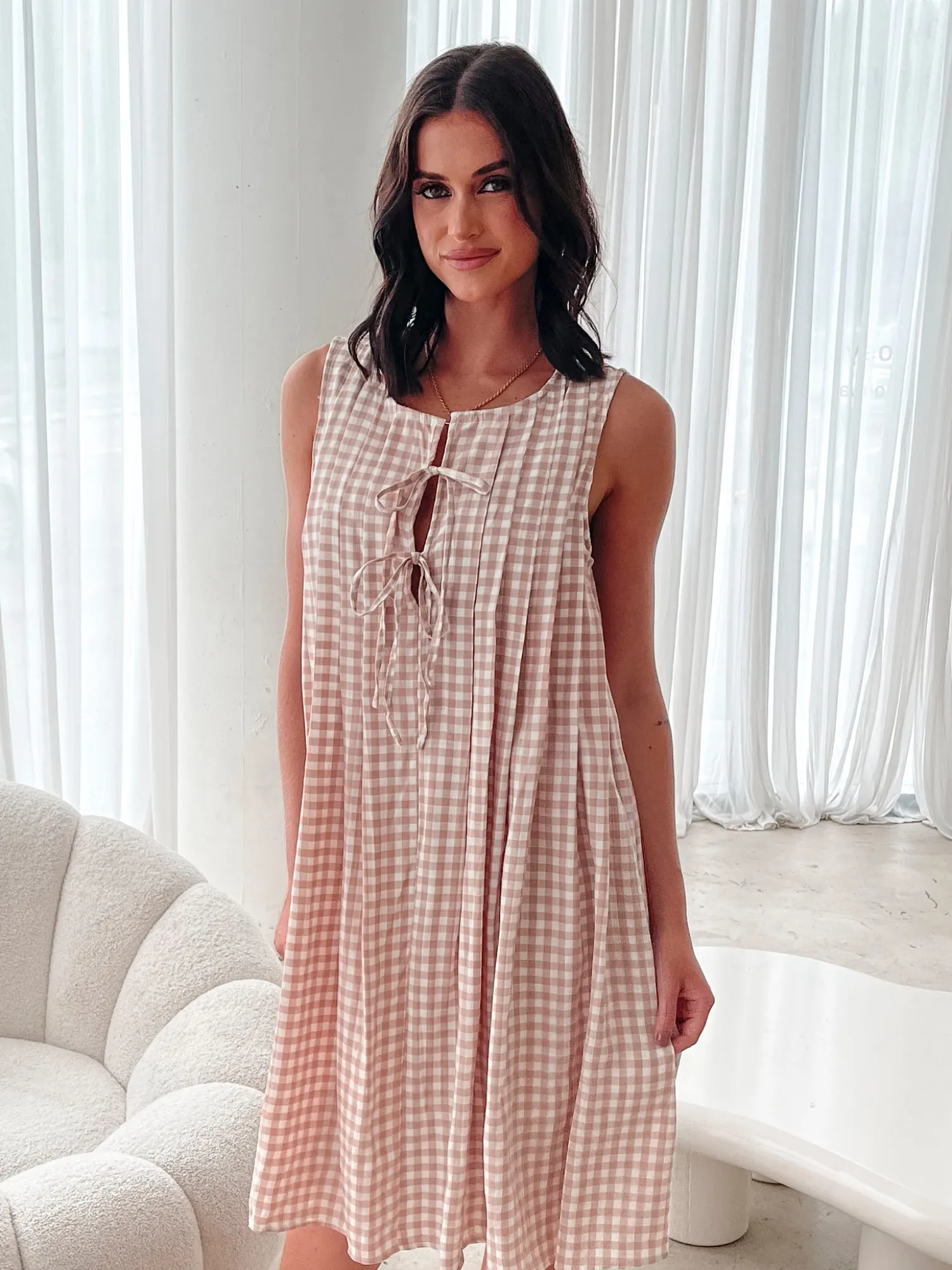 New Kearah Dress - Beige Gingham Gingham Dresses|Shift Dresses