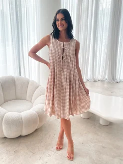 New Kearah Dress - Beige Gingham Gingham Dresses|Shift Dresses
