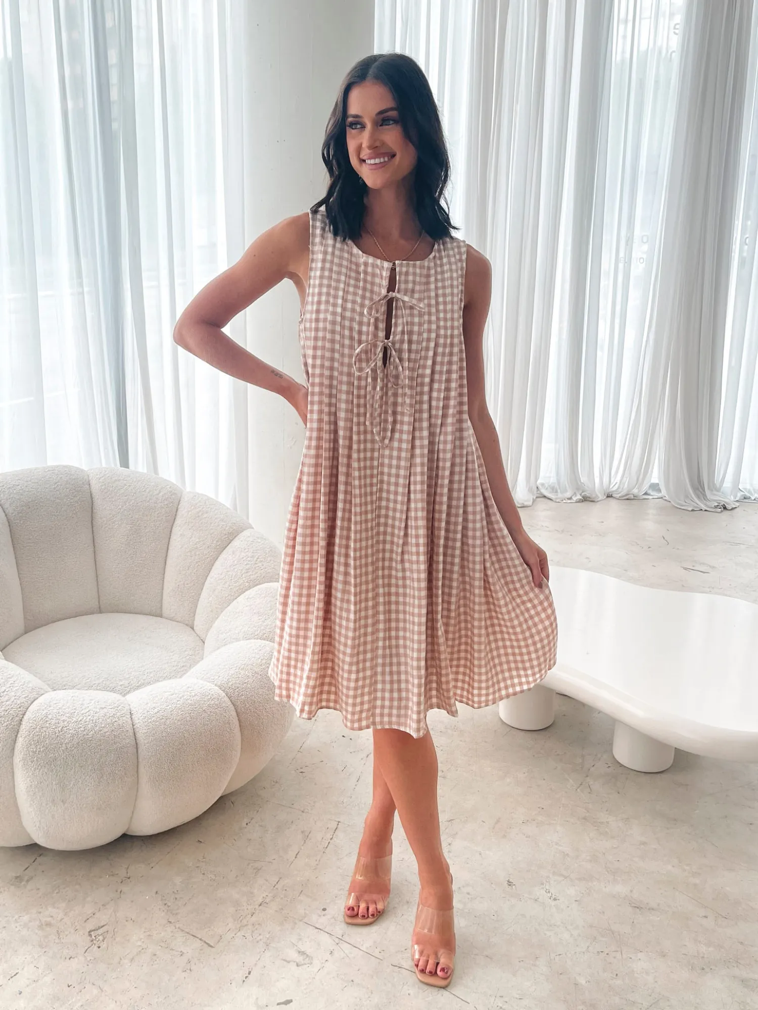 New Kearah Dress - Beige Gingham Gingham Dresses|Shift Dresses