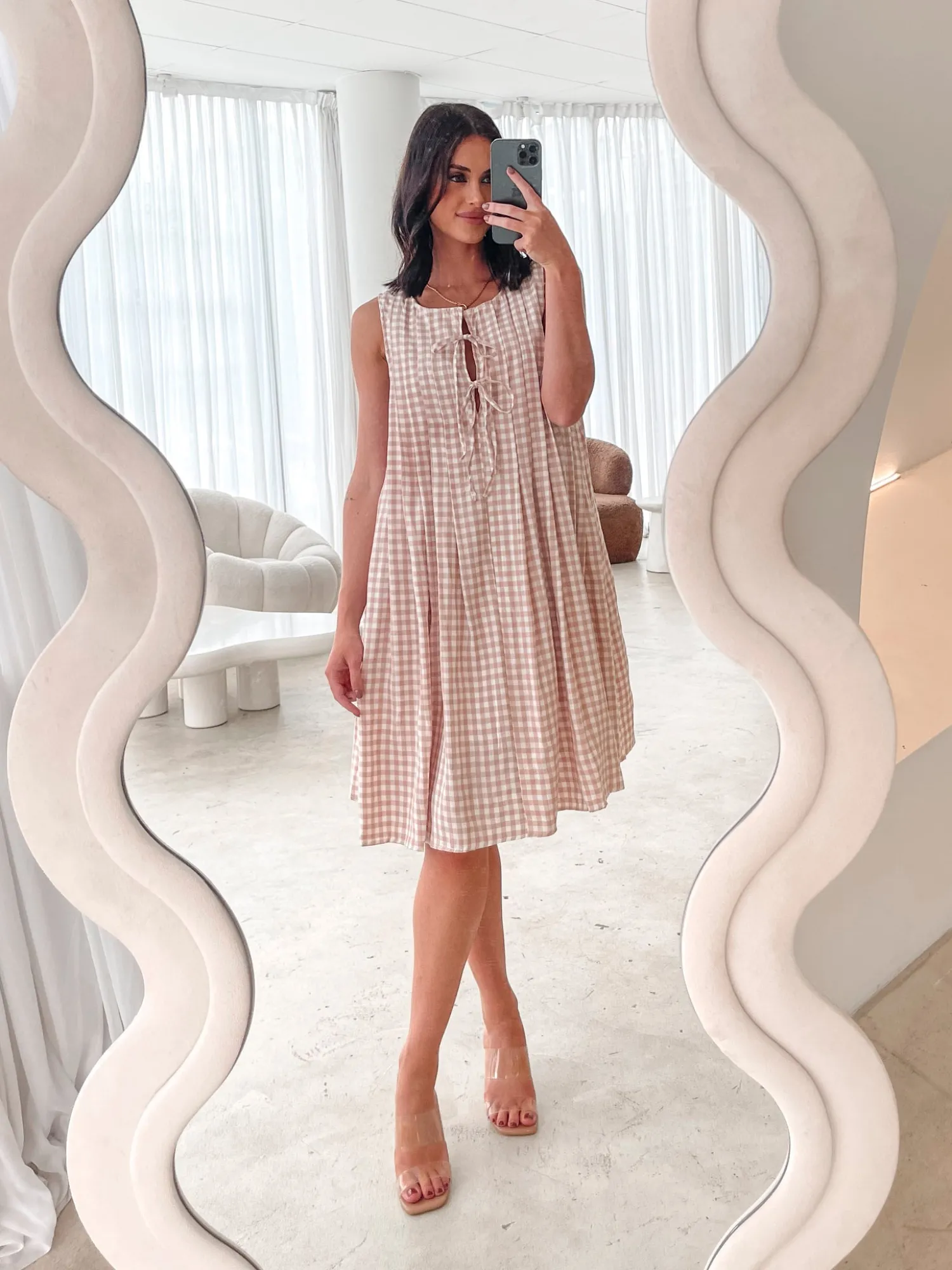 New Kearah Dress - Beige Gingham Gingham Dresses|Shift Dresses