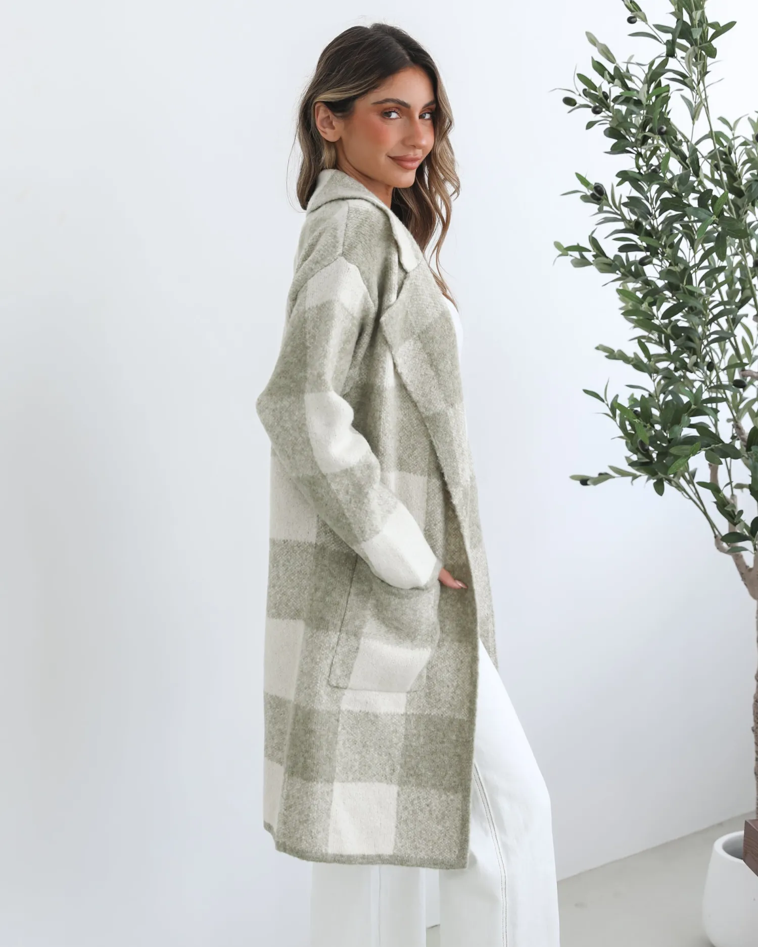 Hot Keyasha Coatigan - Sage Check Knitwear & Jumpers|Knitwear
