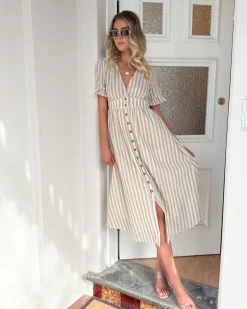 Discount Korbel Dress - Beige Stripe Linen Dresses|Midi Dresses