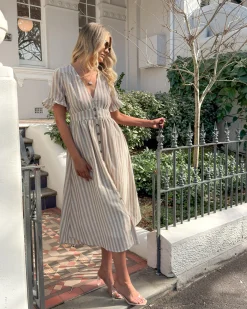 Discount Korbel Dress - Beige Stripe Linen Dresses|Midi Dresses