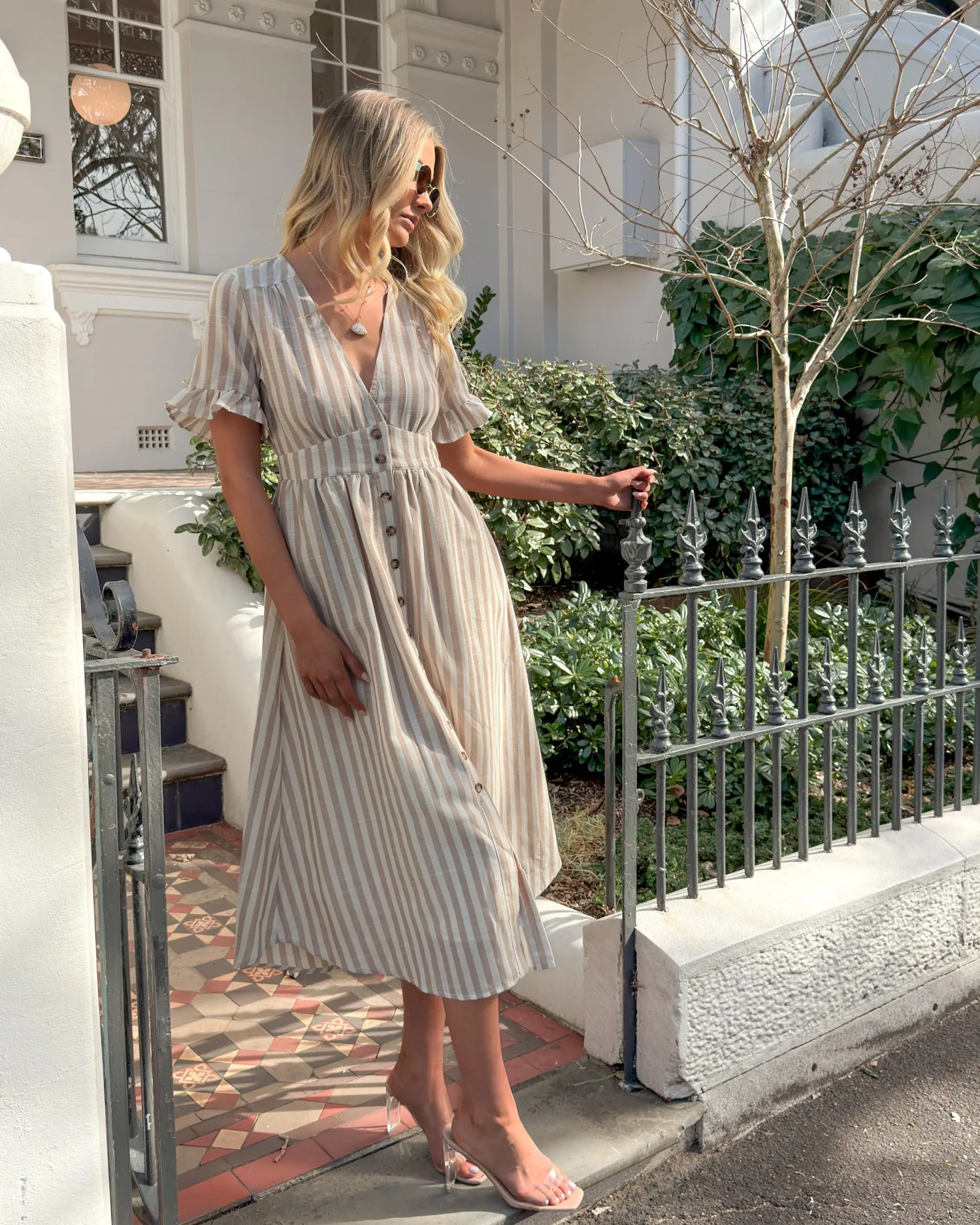 Discount Korbel Dress - Beige Stripe Linen Dresses|Midi Dresses