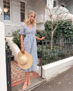 Clearance Korbel Dress - Blue Stripe Linen Dresses|Maternity Dresses