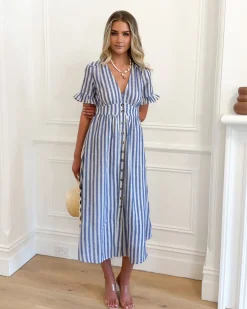Clearance Korbel Dress - Blue Stripe Linen Dresses|Maternity Dresses