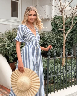 Clearance Korbel Dress - Blue Stripe Linen Dresses|Maternity Dresses