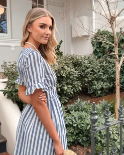 Clearance Korbel Dress - Blue Stripe Linen Dresses|Maternity Dresses