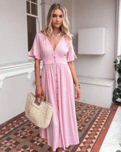Online Korbela Dress - Powder Pink Linen Dresses|Basic Dresses