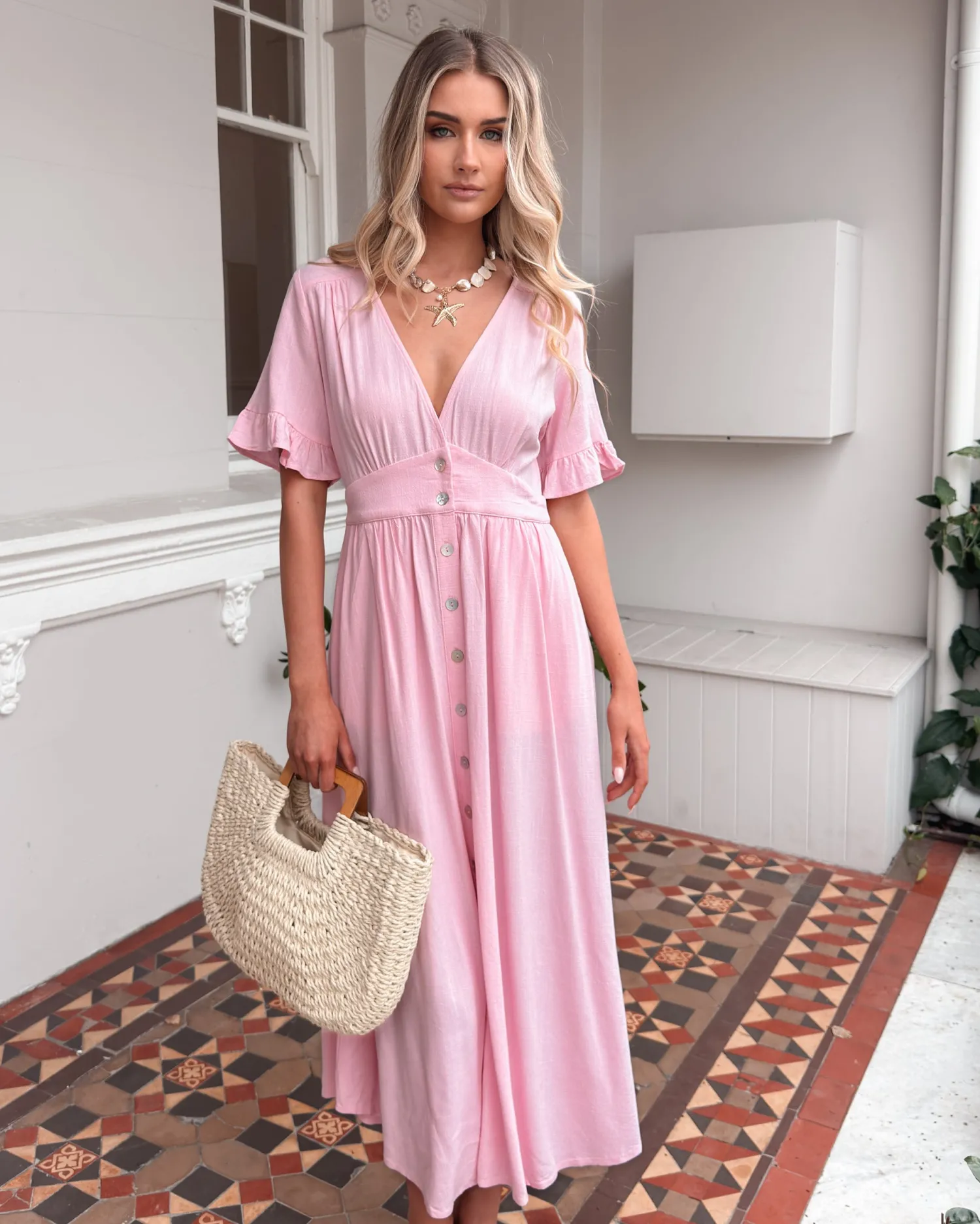 Online Korbela Dress - Powder Pink Linen Dresses|Basic Dresses