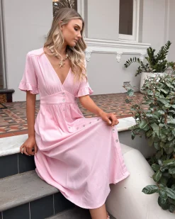 Online Korbela Dress - Powder Pink Linen Dresses|Basic Dresses