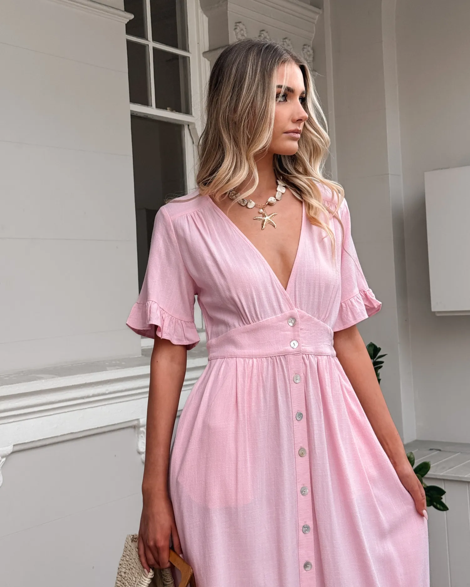 Online Korbela Dress - Powder Pink Linen Dresses|Basic Dresses
