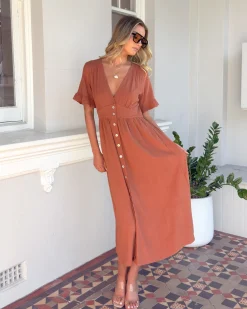 Hot Korbela Dress - Rust Linen Dresses|Basic Dresses