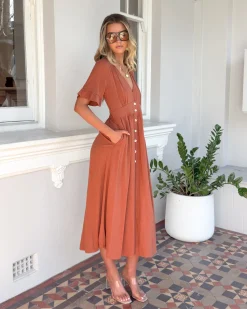 Hot Korbela Dress - Rust Linen Dresses|Basic Dresses
