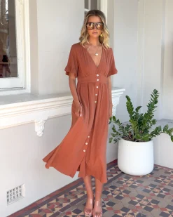 Hot Korbela Dress - Rust Linen Dresses|Basic Dresses