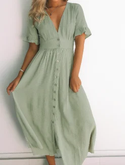 Hot Korbela Dress - Sage Linen Dresses|Basic Dresses