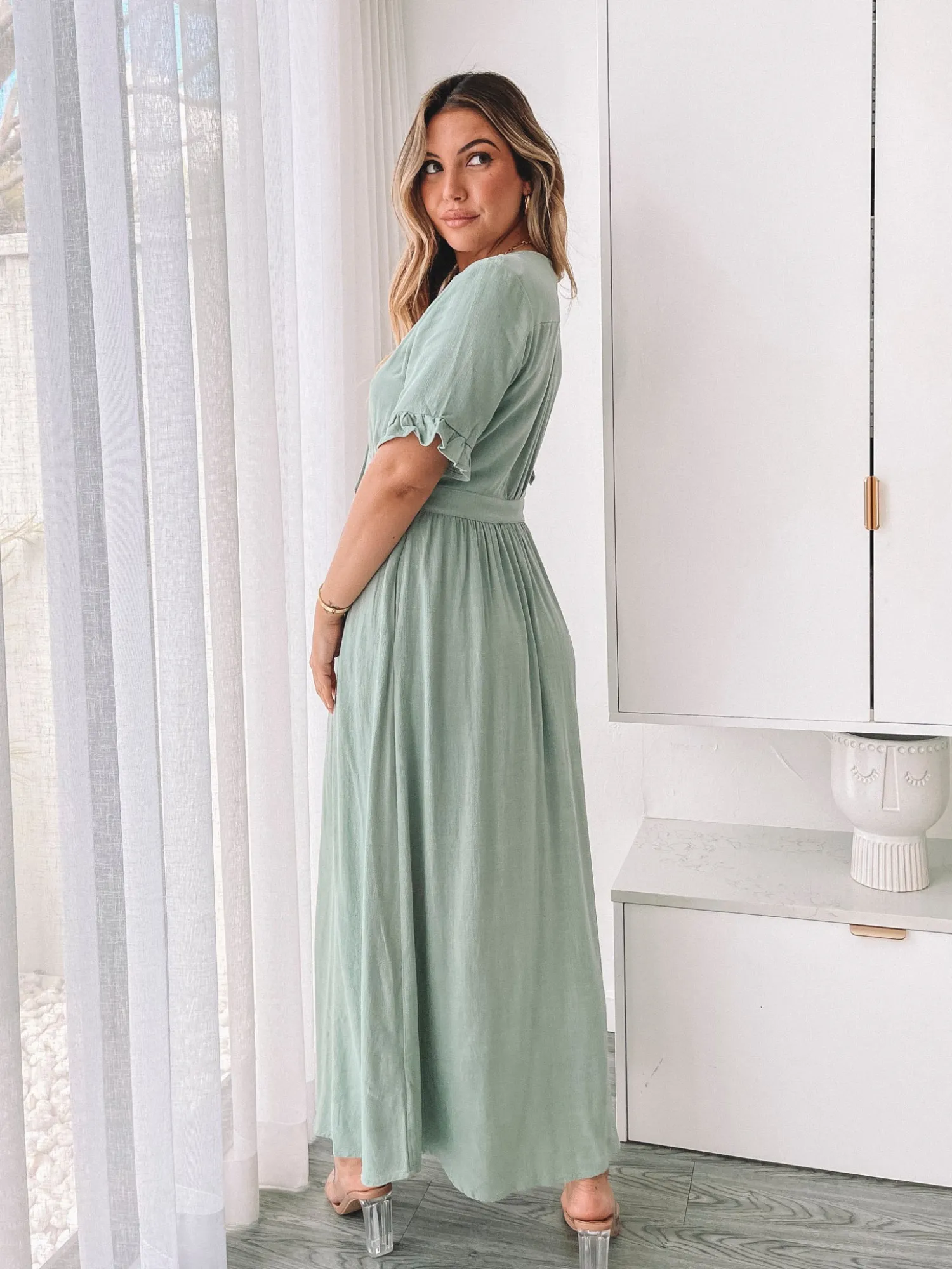 Hot Korbela Dress - Sage Linen Dresses|Basic Dresses