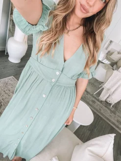 Hot Korbela Dress - Sage Linen Dresses|Basic Dresses