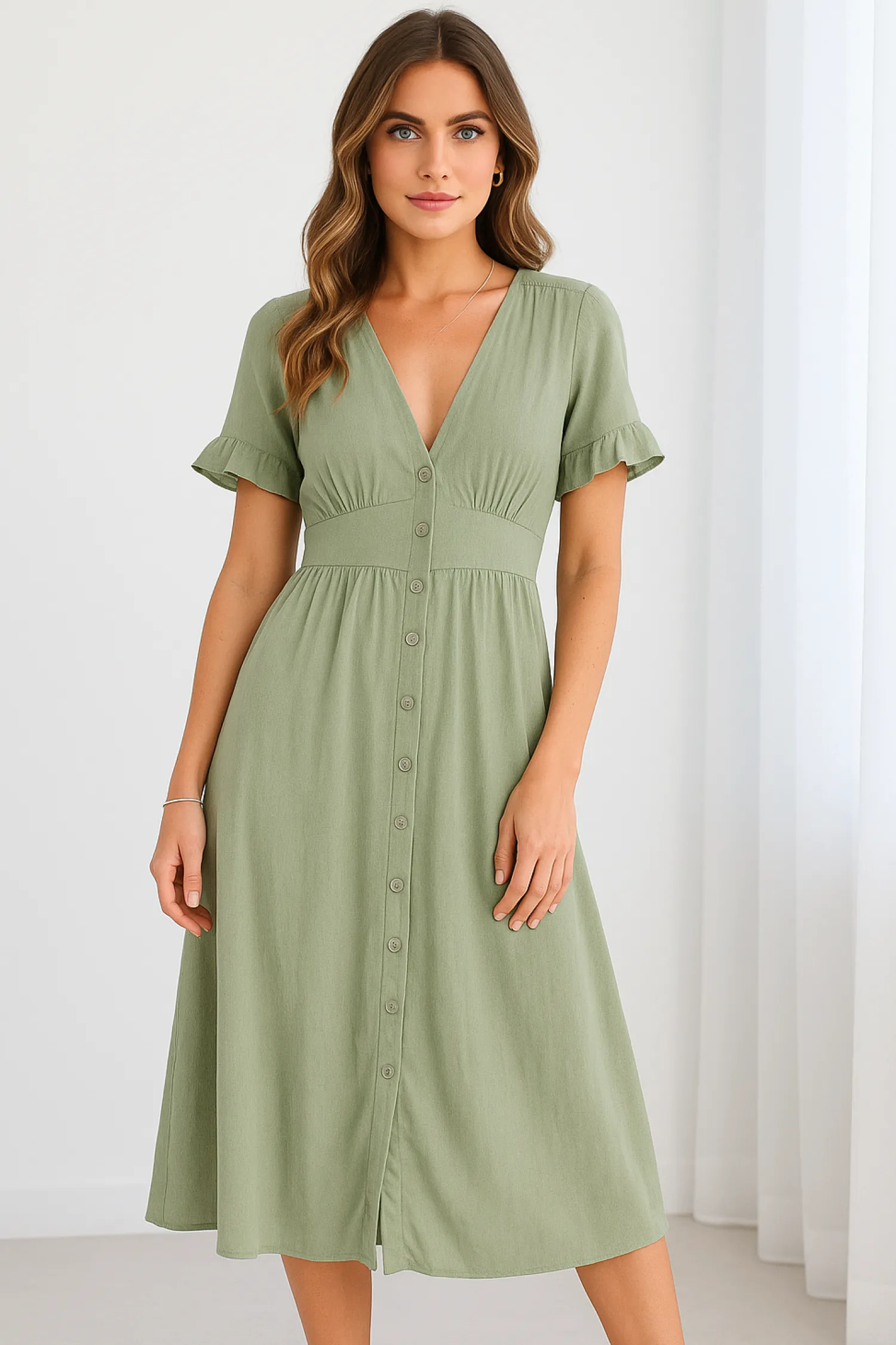 Hot Korbela Dress - Sage Linen Dresses|Basic Dresses