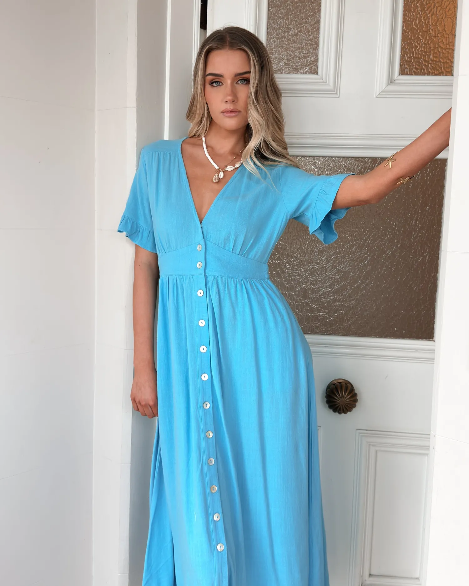Outlet Korbela Dress - Sky Blue Linen Dresses|Basic Dresses