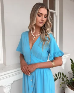 Outlet Korbela Dress - Sky Blue Linen Dresses|Basic Dresses