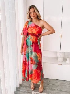 Online Lakelyn Dress - Pink Floral Floral Dresses|One Shoulder Dresses