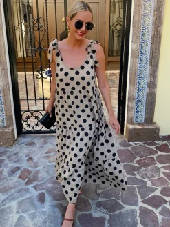 Sale Lyda Dress - Khaki Spot Linen Dresses|Shift Dresses