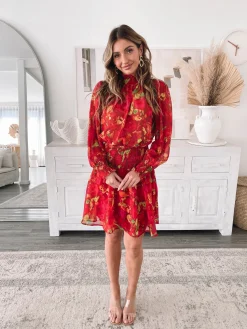 Hot Neary Dress - Red Watercolour Long Sleeve Dresses|Maternity Dresses