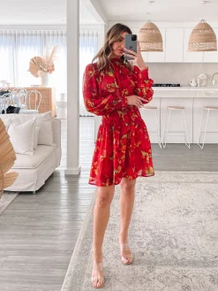Hot Neary Dress - Red Watercolour Long Sleeve Dresses|Maternity Dresses