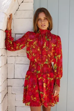 Hot Neary Dress - Red Watercolour Long Sleeve Dresses|Maternity Dresses