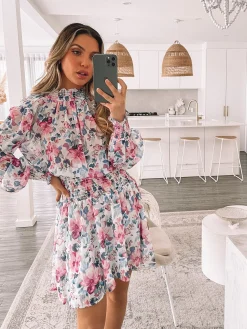 Hot Neary Dress - Violet Floral Floral Dresses|Long Sleeve Dresses