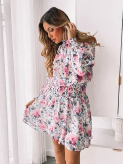Hot Neary Dress - Violet Floral Floral Dresses|Long Sleeve Dresses