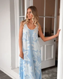 Clearance Noerelle Dress - Blue Floral Linen Dresses|Floral Dresses