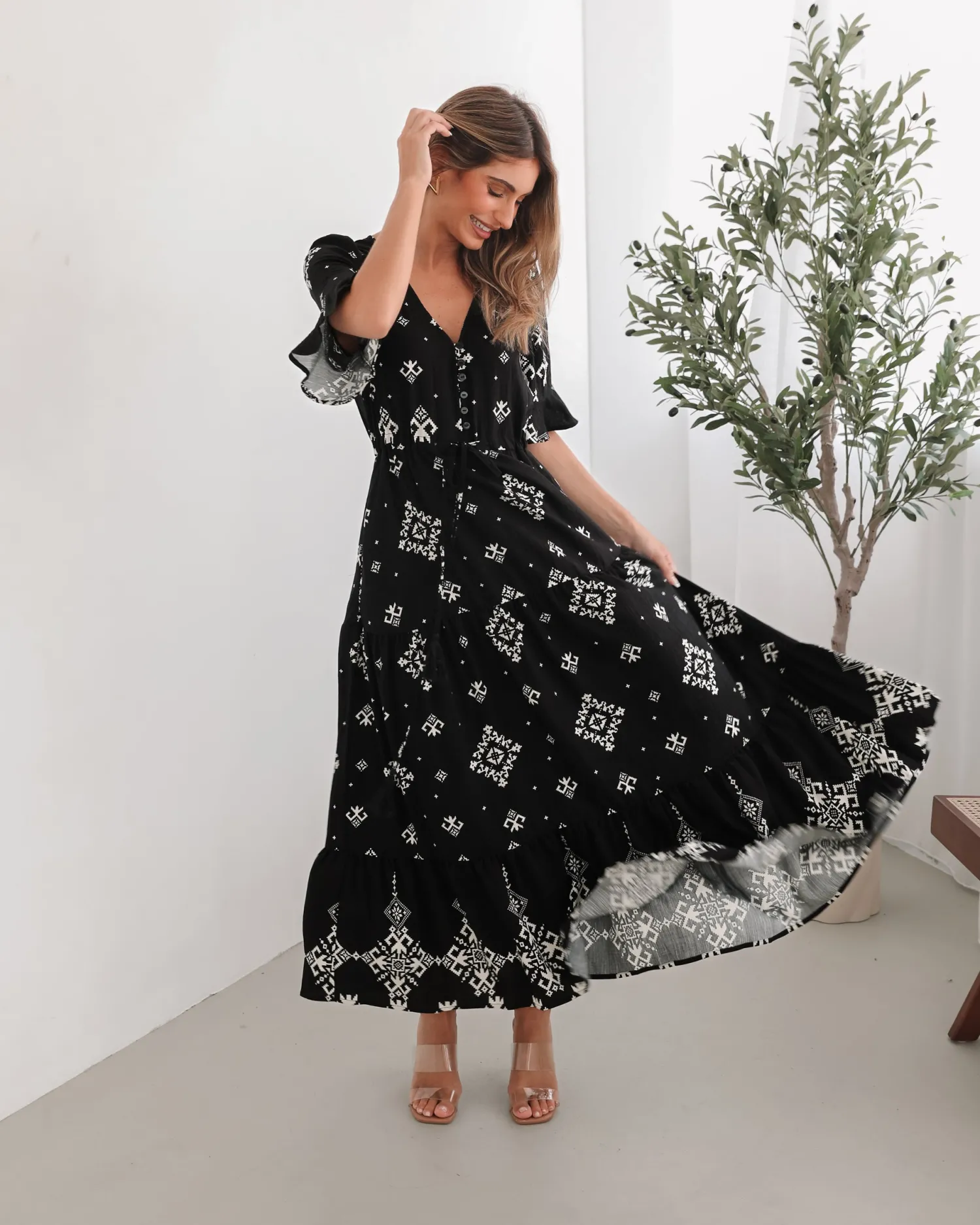 New Ortensia Dress - Black Print Linen Dresses|Boho Dresses