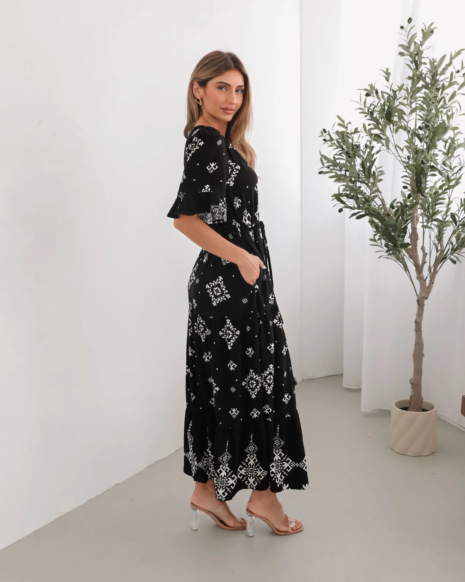 New Ortensia Dress - Black Print Linen Dresses|Boho Dresses