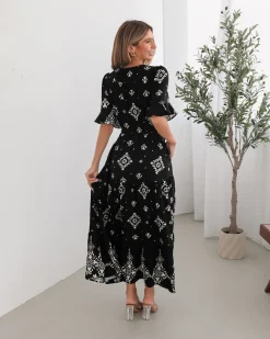 New Ortensia Dress - Black Print Linen Dresses|Boho Dresses