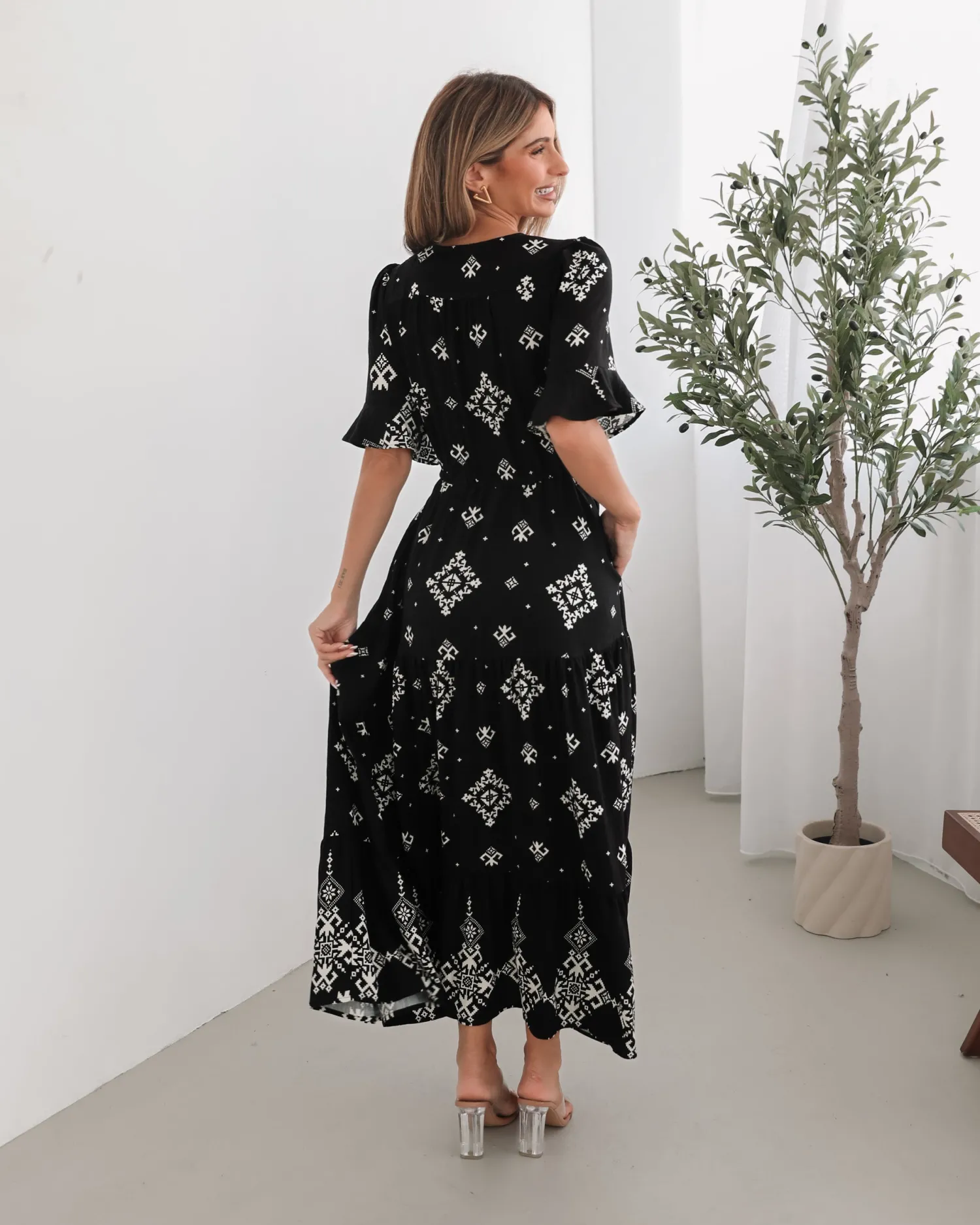 New Ortensia Dress - Black Print Linen Dresses|Boho Dresses