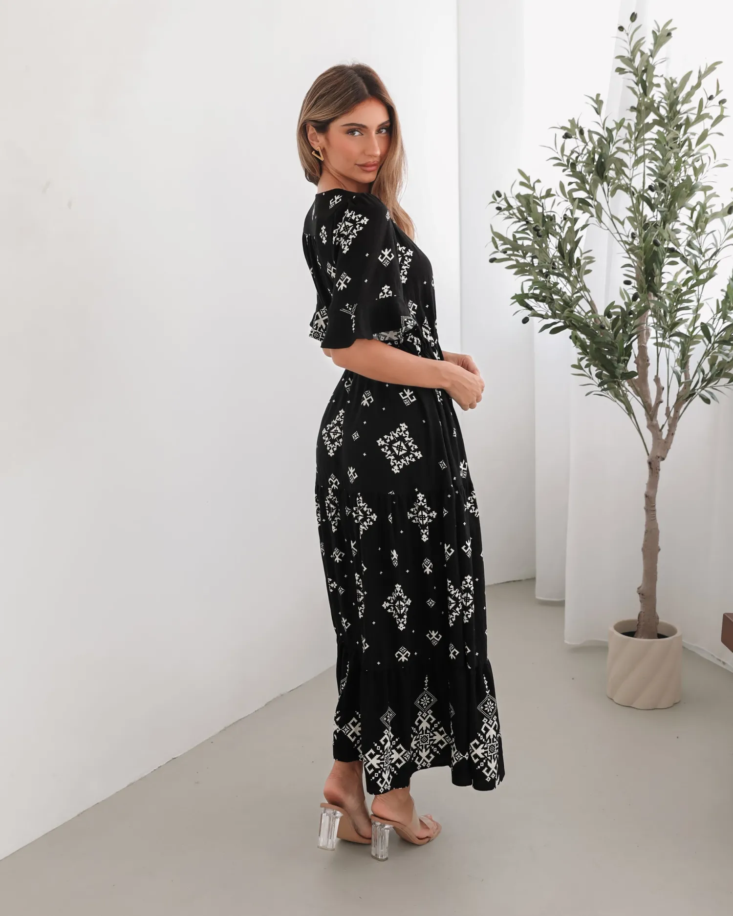 New Ortensia Dress - Black Print Linen Dresses|Boho Dresses