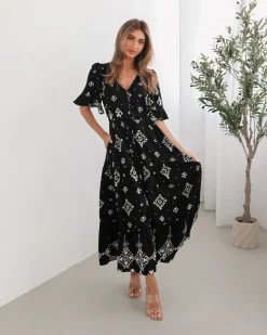 New Ortensia Dress - Black Print Linen Dresses|Boho Dresses