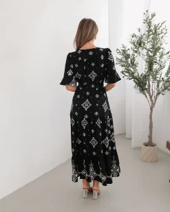 New Ortensia Dress - Black Print Linen Dresses|Boho Dresses