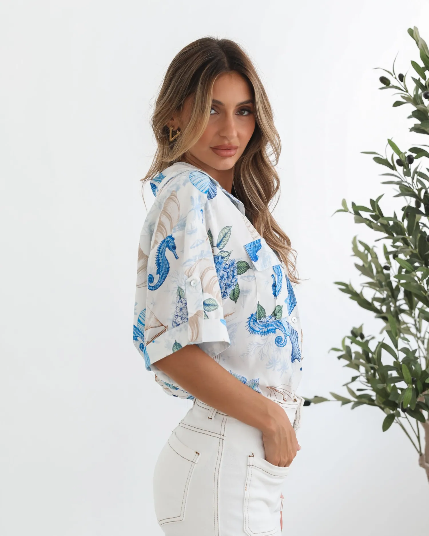 Online Pasheena Shirt - White Print Blouses & Shirts|Blouses & Shirts