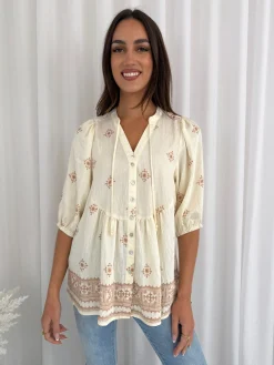Outlet Perilla Blouse - Beige Print Maternity Tops|Maternity Tops