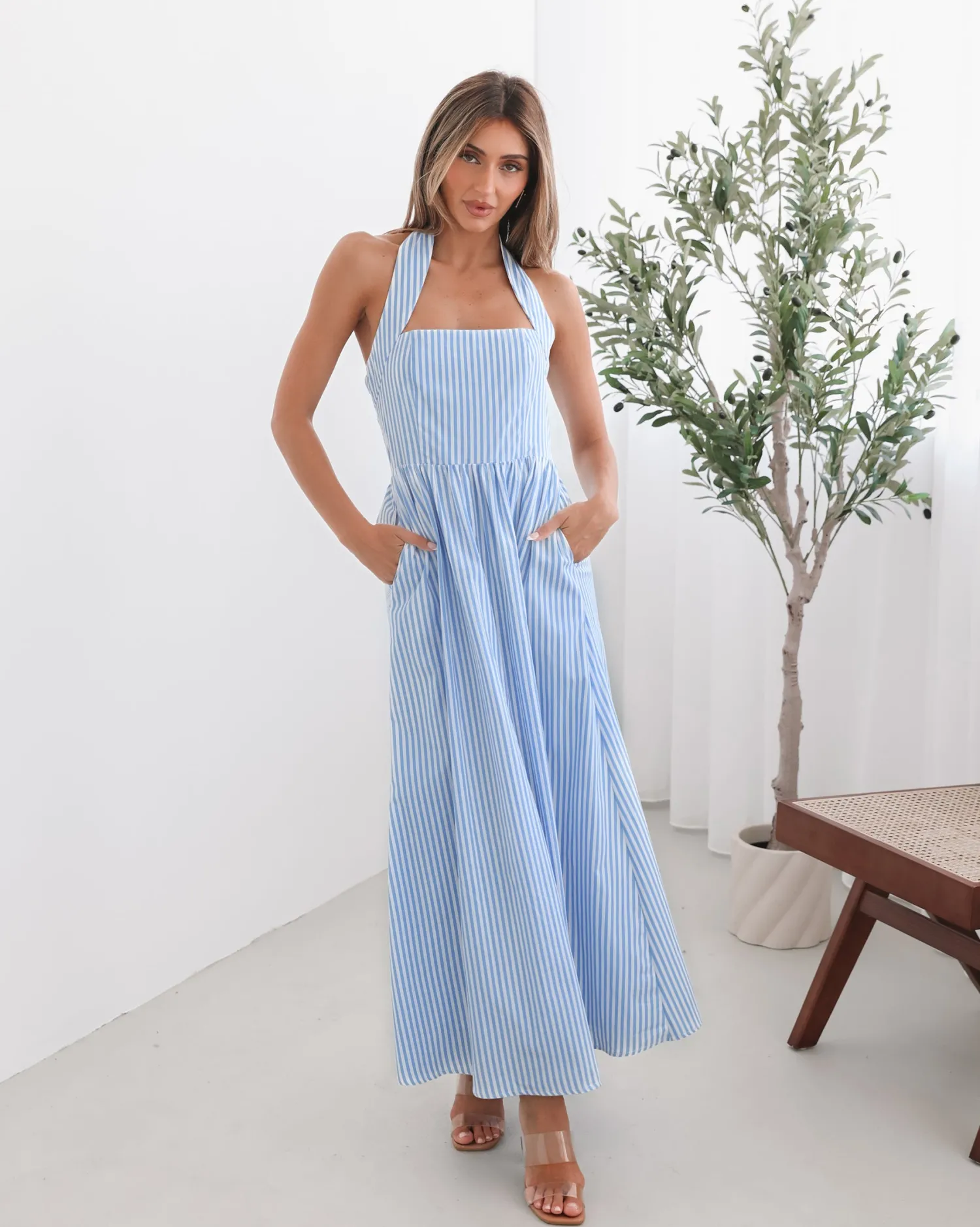 Hot Phebe Dress - Blue Stripe Halter Dresses|Maternity Dresses