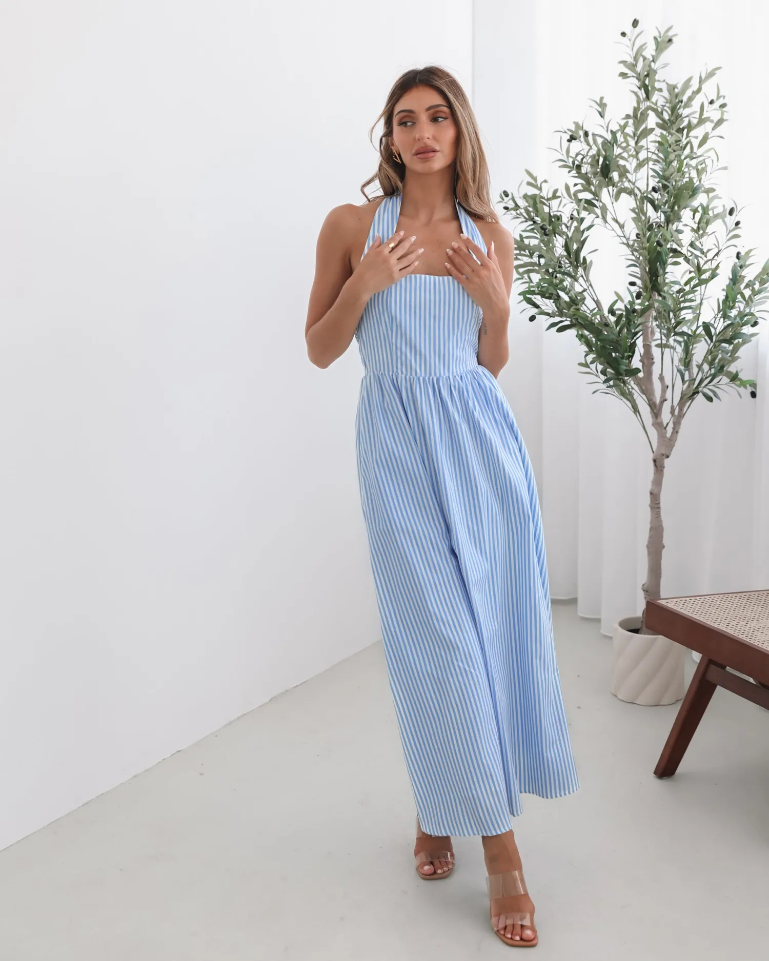 Hot Phebe Dress - Blue Stripe Halter Dresses|Maternity Dresses