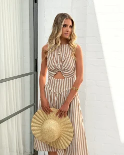 Clearance Rafiya Dress - Tan Stripe Cut Out Dresses|Midi Dresses